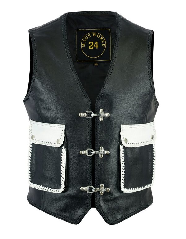 MAGS-104 Gents leather vest,Biker,Rocker Vest,Chopper black white