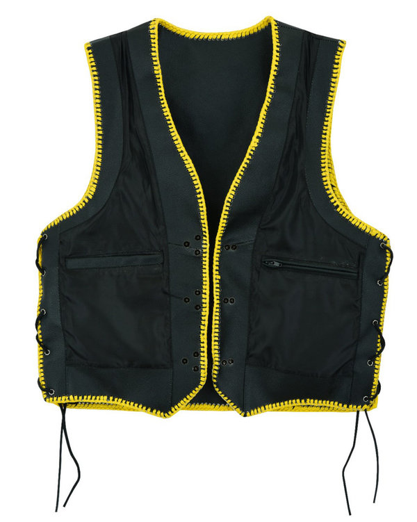 Gents leather vest,Biker,Rocker,Chopper,Club vest yellow leather bands and black hooks