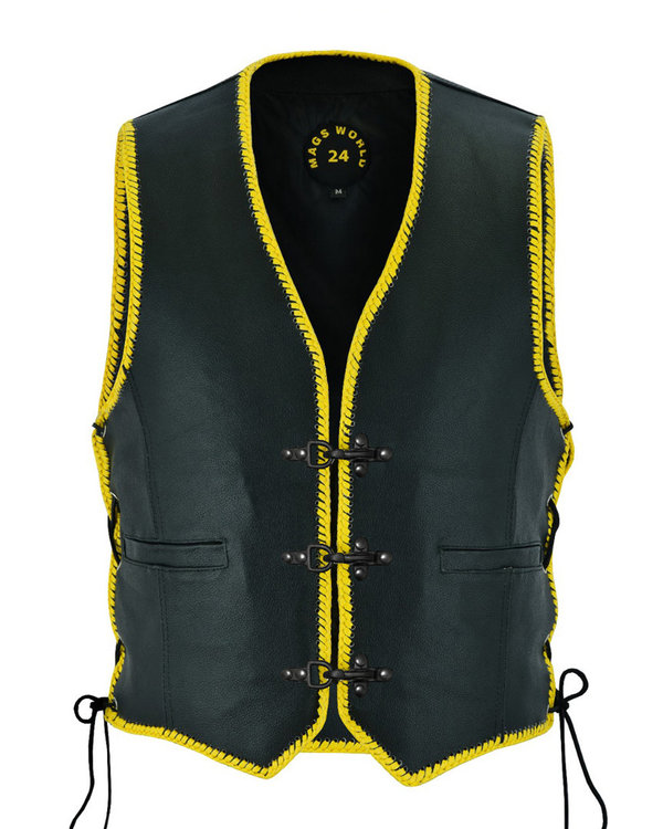 Gents leather vest,Biker,Rocker,Chopper,Club vest yellow leather bands and black hooks