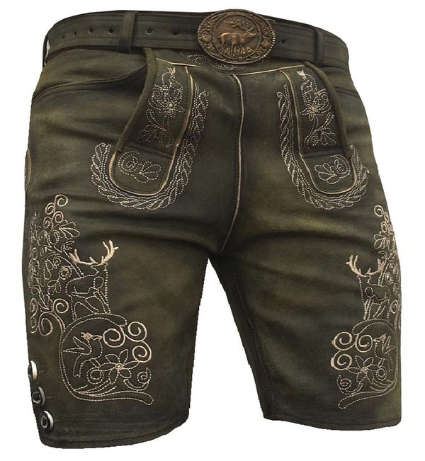 classic Bavarian Trachten leather shorts antik green with deer embroidry and buckel sizes 46-64