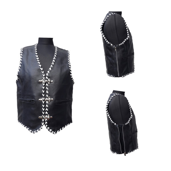 leather vest in black with black white leatehr band and zip at the sides