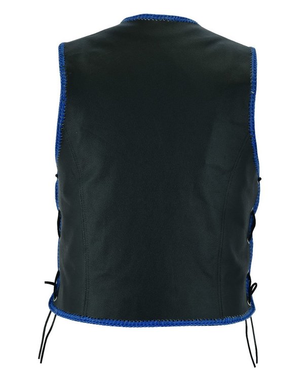 MAGS-112 Herren Lederweste Biker Rocker Kutte mit blauer Leder Kordel und schwarzen Hakenverschlüsse