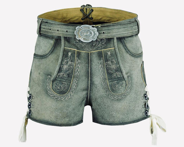 MAGS-2012  Bayrische Damen Trachten Lederhose kurz in antik grau mit Gürtel Gr.: 34-44